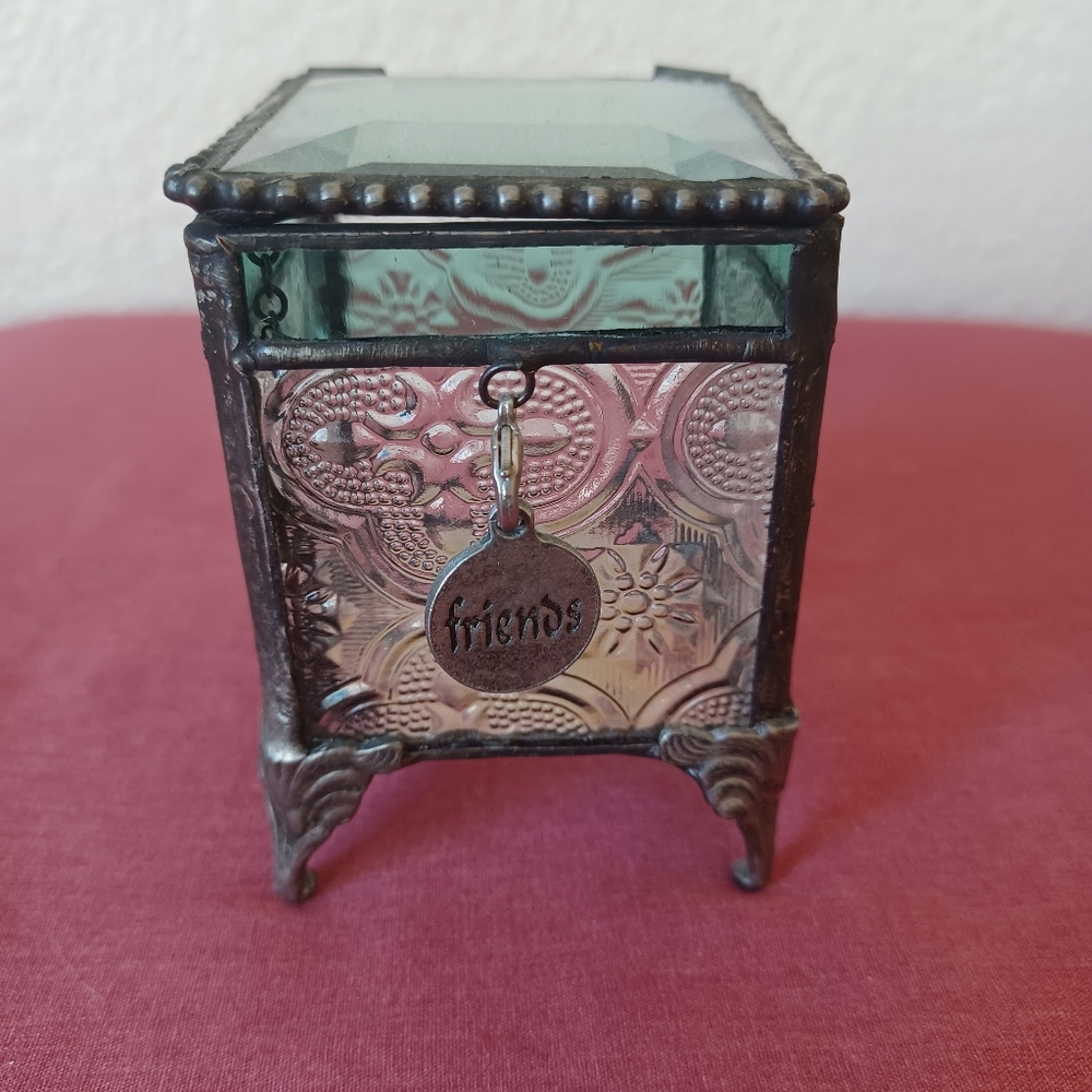 J Devlin Jewelry Keepsake Trinket Box Glass & Metal Friends Charm Vintage 2000